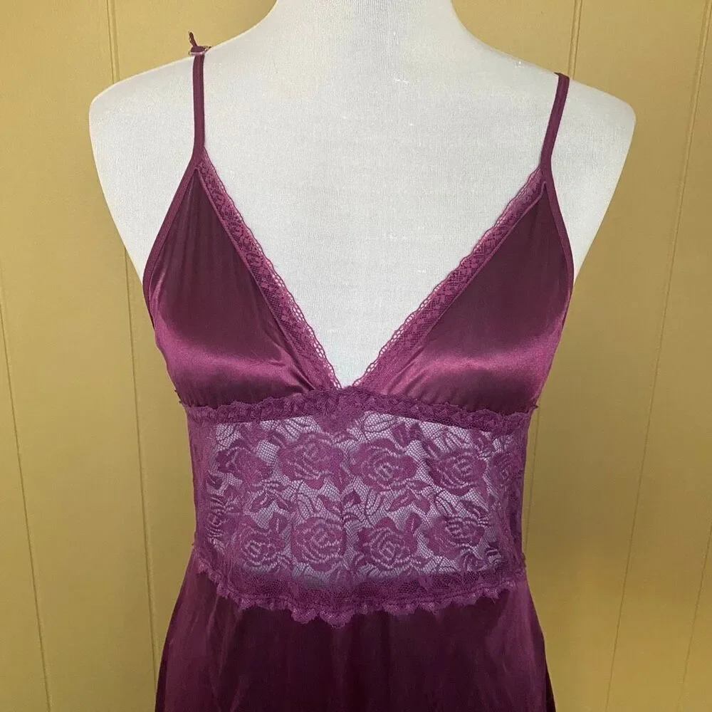 Women S adjustable spaghetti strap satin & lace lingerie nightgown purple